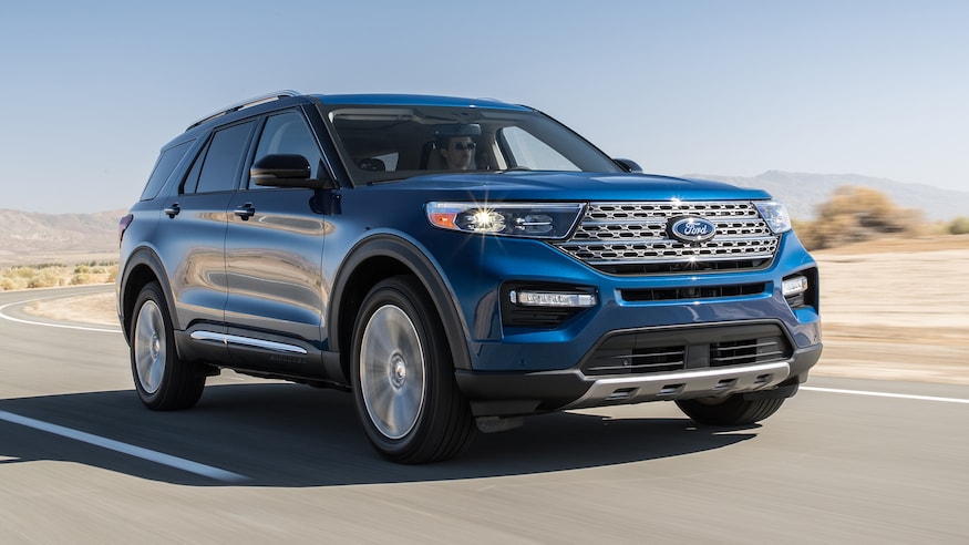 2020 Ford Explorer Limited Hybrid front three quarter in motion 3