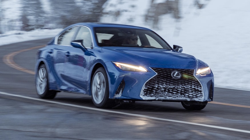 2021 Lexus IS 300 AWD front three quarter in motion 1